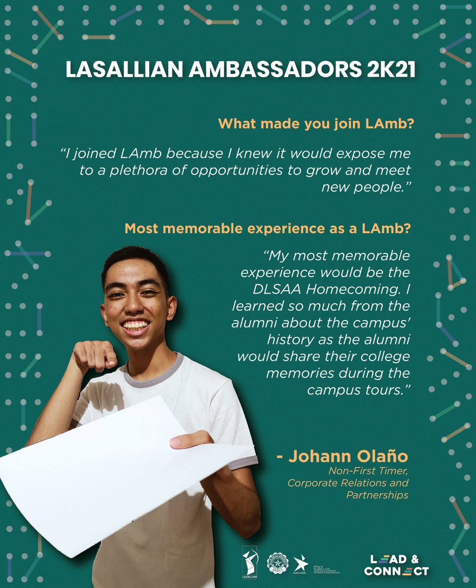 DLSU_LAMB's tweet photo. Are you planning to join Lasallian Ambassadors?
Let Johann Olaรฑo, a Non First Timer from the Corporate Relations and Partnerships Committee, inspire you as he shares LAmb.
Interested in joining LAmb? Register through this link: https://t.co/pALhP7zUpX
#LAmb2K21
#LeadAndConnect https://t.co/S7it31fYIT