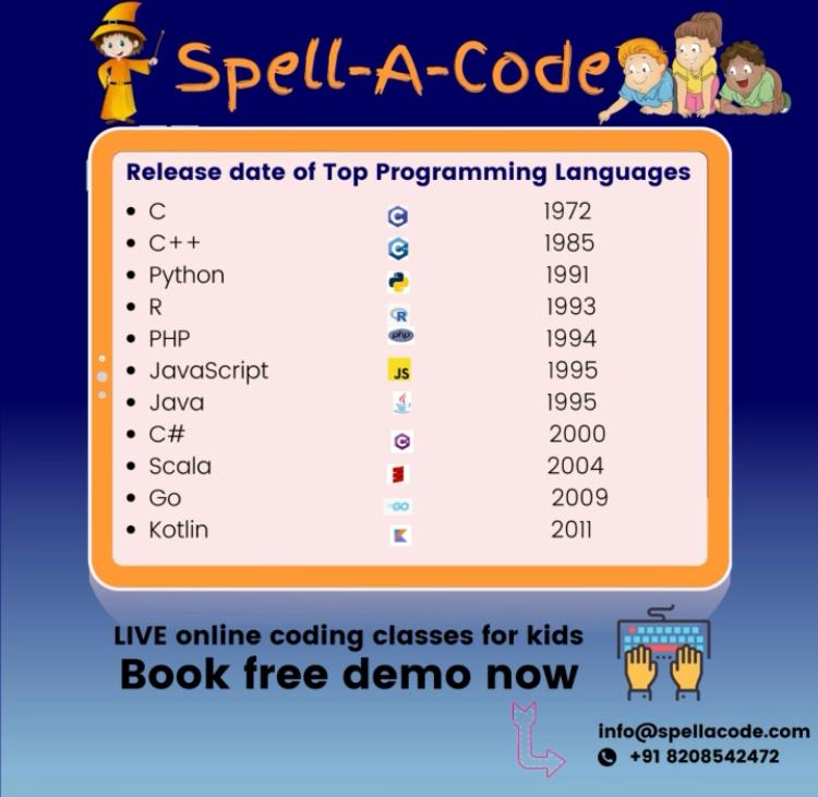 code_spell's tweet photo. Programming Language is vocabulary and collection of rules that command a computer, device, and application to work according to the written codes. Let's know about the top programming languages starting with their release dates.
Learn with Spell-A-Code
LIVE online CODING classes https://t.co/9voDNePIIK