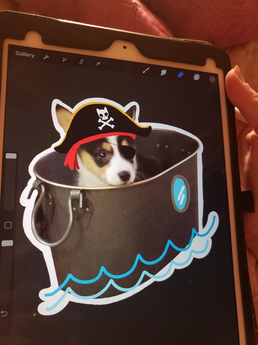 mistyfigs's tweet image. If you are having a rough night, please accept this puppy picture of @lucithecorgi in a bucket with pirate doodles on her.
