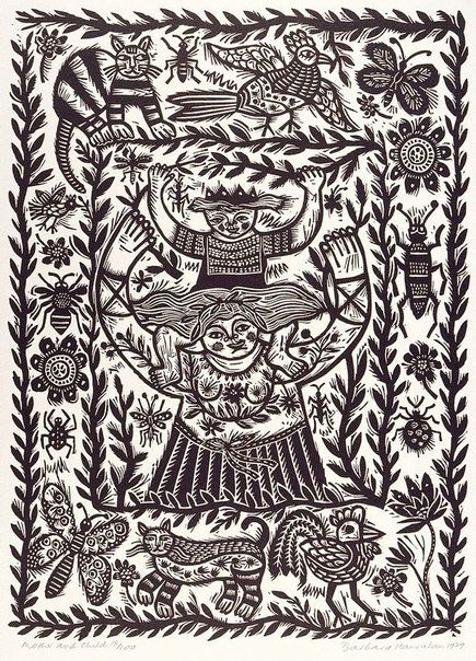 womensart1's tweet photo. Australian printmaker Barbara Hanrahan, Mother and Child, 1989, linocut #womensart https://t.co/syUU7Yobma