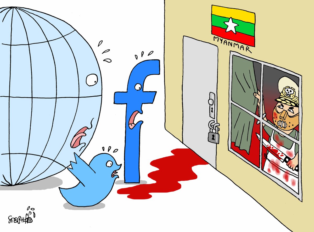 Reaproy's tweet photo. Shockingly true! #Myanmar Tatmadaw tries to shut out world &amp; social media thru internet restrictions, so no one sees them brutalize @cvdom2021 protesters demanding reversal of military coup &amp; end to human rights abuses. Great cartoon by Stephff, courtesy of @FCCThai #keepiton https://t.co/naWwxbXS0z