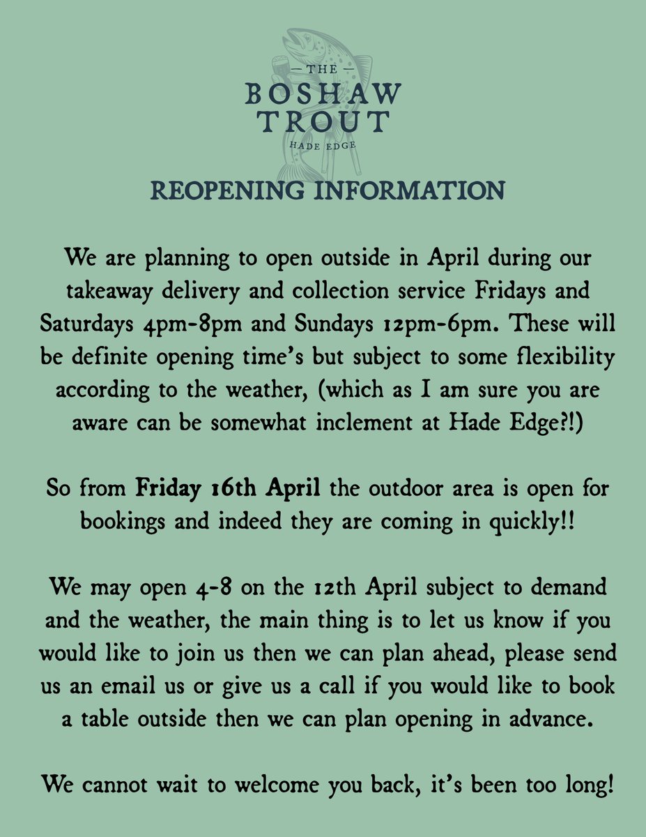The Boshaw Trout Reopening Info.
