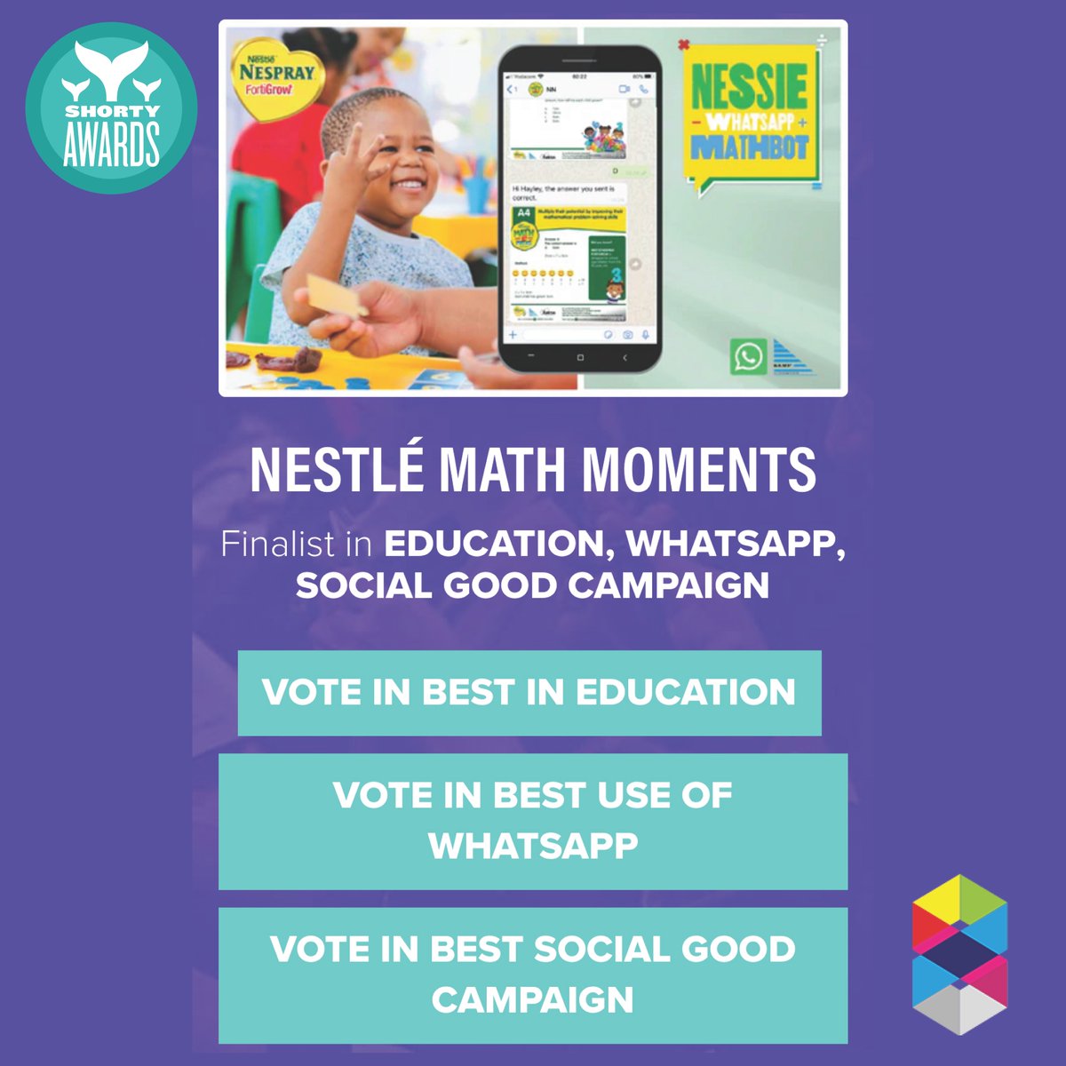 triple_eight888's tweet photo. Our "Nestlé Nespray Math Moments” campaign is a @shortyawards finalist in three categories! The Shorty Awards honor the best of social media and digital campaigns. 

Head over to https://t.co/qSylJSBBqG to vote! 
#ShortyAwards #adcouncil #shortys #TripleEight #CampaignsThatMatter https://t.co/BndygqmAJ1
