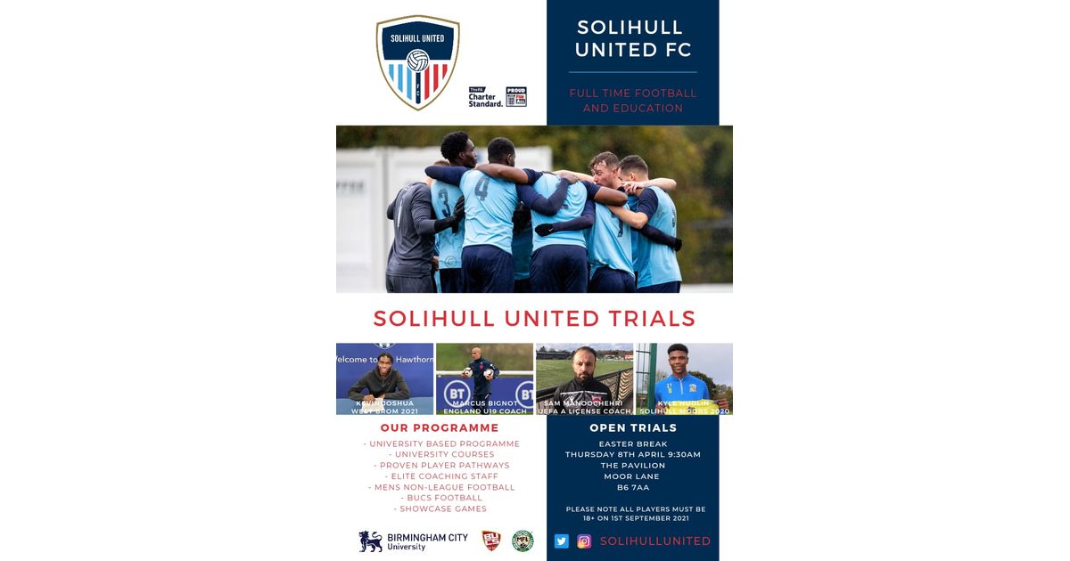 SolihullUnited's tweet photo. Solihull Utd FC Open Trials - Thursday 8th April 2021
https://t.co/Vtm3p8OmdD https://t.co/bXd5lUlxaR