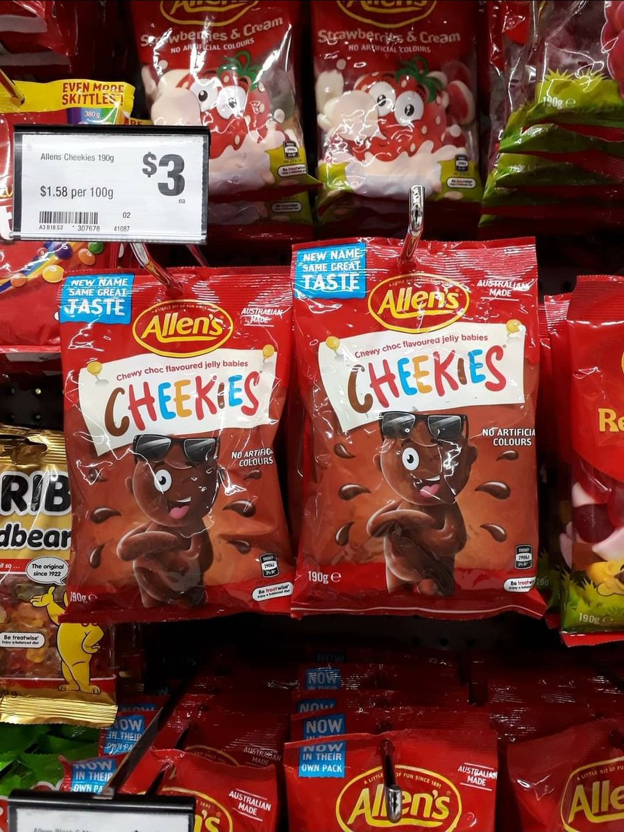 vez009's tweet image. Name change Allen's Lollies to Cheekies. "It seems a little insensitive and in support of a racial comment passed by a NZ broadcaster many years ago to a member of the United Nations" He called him a Cheekie Darkie!! 🙄🙄