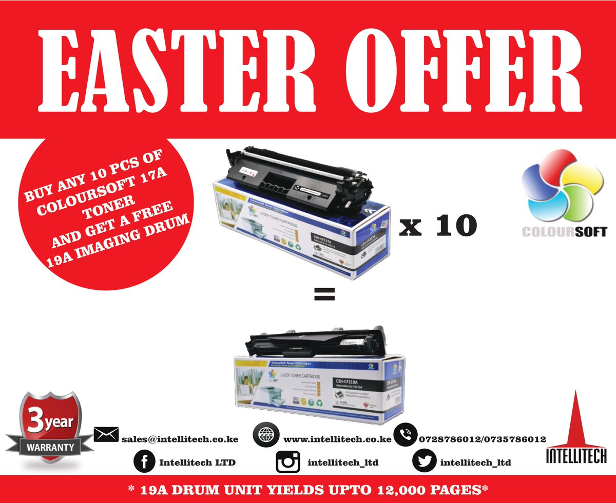 intellitech_ltd's tweet image. Buy 10pcs of the 17A Coloursoft Compatible Toner and get a free 19A imaging drum and save up to 60% off your printing costs. Note: 19A yields upto 12,000 pages!!! Grab your stock now! Limited Easter offer!! #PrintMoreForLess #coloursoft #easteroffers #MpesaBusinessTill