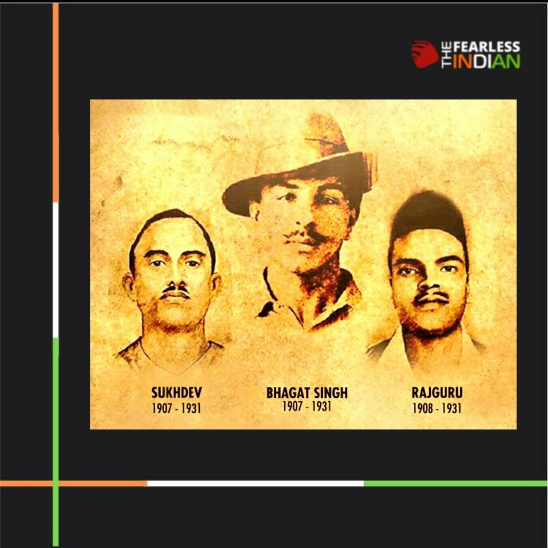 TFearlessIndian's tweet photo. We pay our tributes to the great Indian revolutionaries and legendary freedom fighters #BhagatSingh #Sukhdev &amp; #Rajguru on the occasion of #ShaheedDiwas 
Their sacrifice for our nation will continue to inspire the future generations. https://t.co/En6DDwFgvA