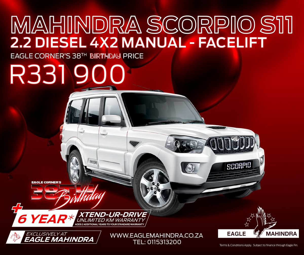 Eagle Corner's 38th Birthday! Wow! And we still bring you the best deals on new and nearly new cars, like this Mahindra Scorpio S11 2.2 Diesel 4x2 Facelift for just R331 900 with 6yr Xtend-Ur-Drive Unlimited Km Warranty* Visit eaglemahindra.co.za/mahindra-Scorp… #eaglecorner #EagleMahindra