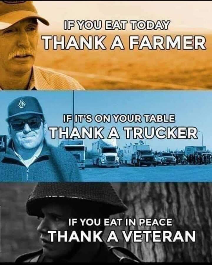 Vote4Zimmerman's tweet photo. This #Thanksgiving remember

If you eat today...
Thank a farmer.

If it’s on your table... 
Thank a trucker. 

If you eat in peace... 
Thank a Veteran 

https://t.co/GRxmXNp0wd
