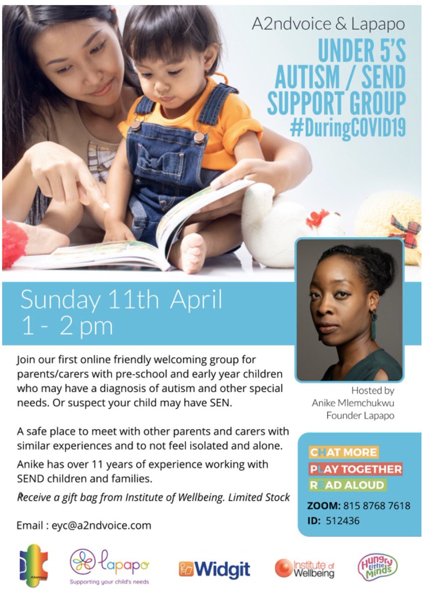 iWellBeing's tweet photo. Join us at 1-2pm on Sunday 11th April at our Autism/SEND Support Group for families with under 5s. 

To book your family place - email: EYC@A2ndVoice.com 

See you there. 👍🏼

#HungryLittleMinds @A2ndVoice @Widgit_Software @Lapapo_ https://t.co/qsvUFFQhXd