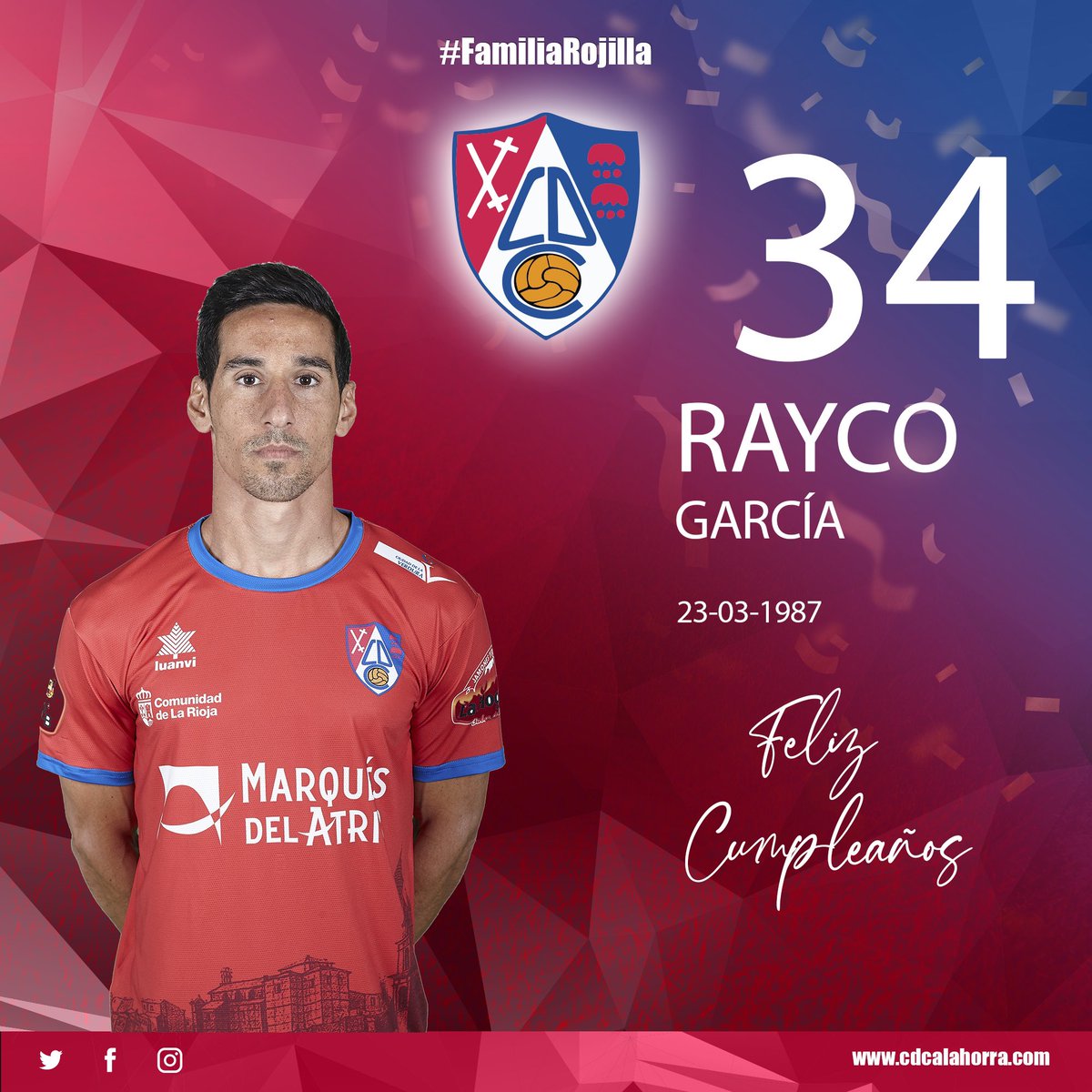cdcalahorra's tweet photo. ¡Seguimos con los cumpleaños rojillos de marzo!

 Hoy toca felicitar a nuestro jugador Rayco García.

¡ Felicidades, @GarciaRayco ! 🧁🧁🧁

#FamiliaRojilla https://t.co/V2ylDsflGh