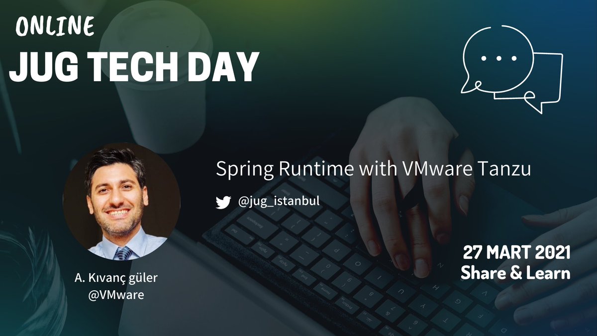 jug_istanbul's tweet photo. "Spring Runtime with @VMwareTanzu" Hands-on atölye çalışması ile Kıvanç Güler bizimle olacak.
🤩JUG Tech Day'e katılım ücretsizdir.
🙌Katılım kontenjan ile sınırlıdır.
🚀Hemen kayıt olmayı unutmayın.
👉https://t.co/GW3EVrBM8v
#ShareLearn #JugTechDay https://t.co/fPVpE1foq1