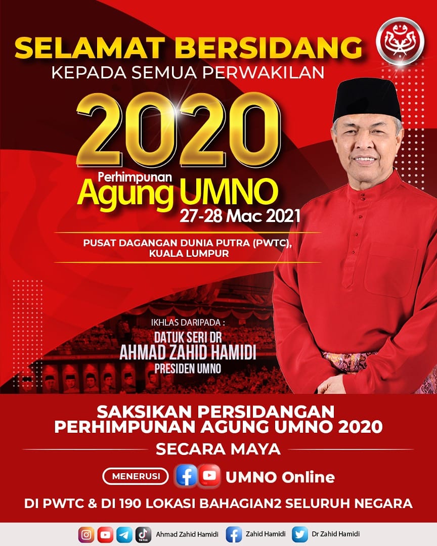 DrZahidHamidi's tweet image. Selamat Bersidang Kepada Semua Perwakilan Ke Perhimpunan Agung #UMNO 2020 pada 27 dan 28 Mac 2021 di #PWTC #KualaLumpur.  

Saksikan secara maya di #Facebook dan #Youtube Umno Online.

facebook.com/mediaumnomalay…

youtube.com/c/MediaUMNOMal…

#pau2020 
#agm
#assembly 
#malaysia