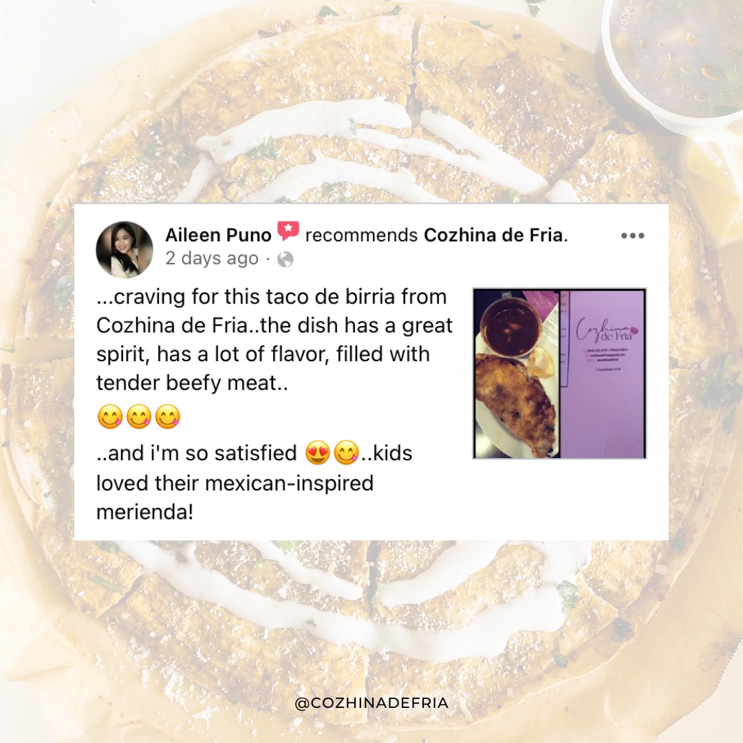 CozhinadeFria's tweet photo. Some of the good reviews from our customers! ⭐️ Thank you so much! 😍
#cozhinadefria #burrito #chickenburrito #chicken #mexican #food #foodporn #foodstagram #foodie #wheretoeatph #wheretoeatincavite #imusbased #cavitebased #cavitebasedph #tarasasouth https://t.co/RgKaBw9UJk