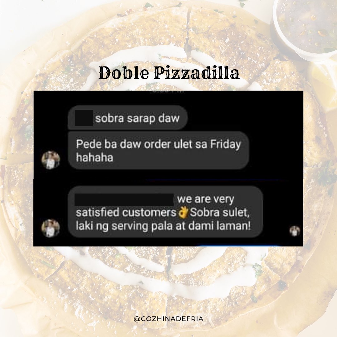CozhinadeFria's tweet photo. Some of the good reviews from our customers! ⭐️ Thank you so much! 😍
#cozhinadefria #burrito #chickenburrito #chicken #mexican #food #foodporn #foodstagram #foodie #wheretoeatph #wheretoeatincavite #imusbased #cavitebased #cavitebasedph #tarasasouth https://t.co/RgKaBw9UJk