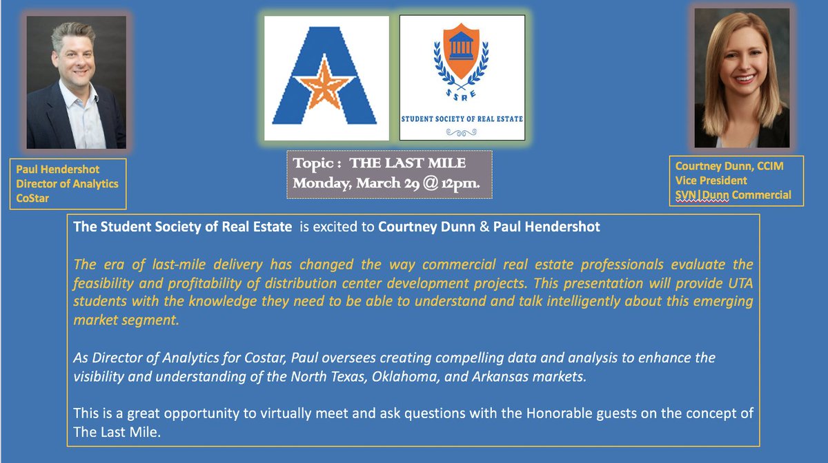 UtaReal's tweet image. The Student Society of Real Estate  is excited to Courtney Dunn &amp;amp; Paul Hendershot from CoStar
The era of last-mile delivery has changed the way commercial real estate professionals evaluate. Know more RSVP: uta.ssre@gmail.com