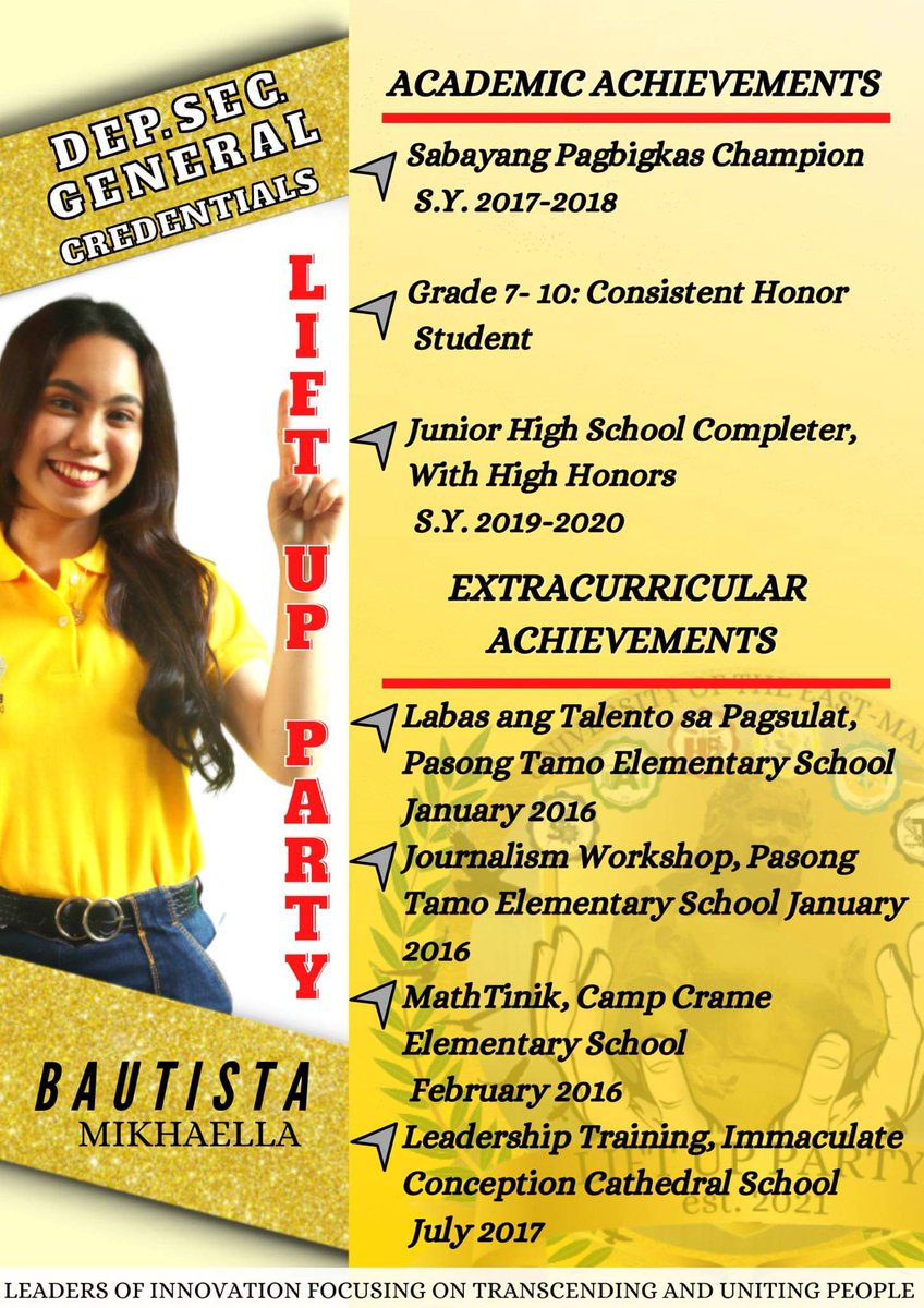 LiftupParty's tweet photo. Mikhaella Tiah Bautista for Deputy Secretary General and here is her credentials!

#BAUTISTAnyongSEGURISTA
#MIKHAELLAnga ka? aba may TIAH ka na bumoboses para sa mga KABATAAN at KABABAIHAN!
#TeayUuUuUuH
#LiftUpParaSaHinaharap
#SaLiftUpLahatAangat https://t.co/R9bBzZkrMd
