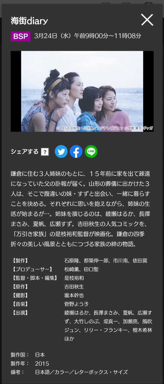 Kasefil 海街diary Lt レターボックスサイズ Gt 字 ｎｈｋ ｂｓプレミアム Ch 103 3 24 水 9 00 11 09 綾瀬はるか 長澤まさみ 夏帆 広瀬すずが姉妹を演じ 四季折々の鎌倉を舞台に家族の絆を描く感動のドラマ 吉田秋生の人気コミックを是枝裕和