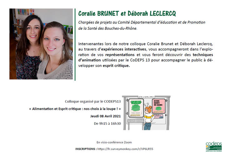 codeps13's tweet photo. #COLLOQUE 2021

Cette semaine nous vous présentons Coralie Brunet et Déborah Leclercq, qui interviendront lors du colloque autour de l’#alimentation et l'esprit critique le 8 avril 2021.

Inscriptions : https://t.co/rJPFTiLElq #santé #CoDEPS13 #compétencespsychosociales #sante https://t.co/e0X026Fjrw