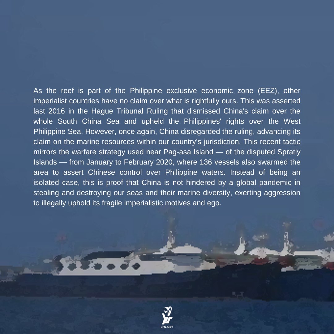 LFSUST's tweet photo. PROTECT JULIAN FELIPE REEF, ANCHORS OFF OUR WATERS, CHINA LAYAS!

READ: Official Statement of the League of Filipino Students - UST on the Swarming of 220 Chinese Militia Vessels On Julian Felipe Reef

#HandsOffPH
#DefendPHSovereignty
#DefendPHWaters https://t.co/MFgb9bEHuY