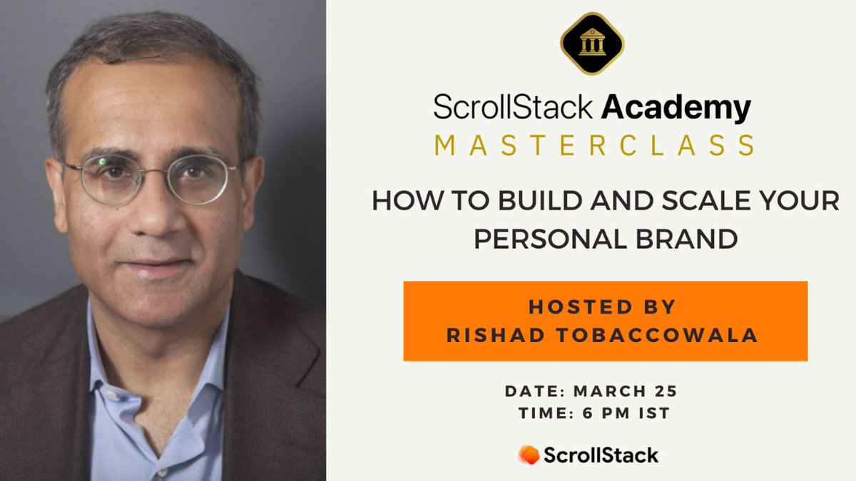 stck_me's tweet photo. We’re excited to announce our next #ScrollStack Academy MasterClass on ‘How to build and scale your personal brand’ with @rishad.
His session will focus on the importance of personal #brands given the #futureofwork.
Join us on https://t.co/hkY2H6LGEk https://t.co/wVJ1sp1IY8