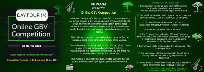 MUSASAZIM's tweet photo. Add your voice to the fight against Gender Based Violence today. Share with us your poem, song, art, etc what you have done in the community to raise awareness on GBV. Lets Celebrate you. @ShamwariyeMwana @YetTrust @YOUTHGENDERVOI1 @lupyouth @YICD_Mutoko @lupyouth @YICD_Mutoko https://t.co/5lGWrasrtT