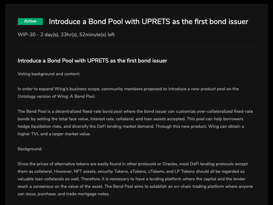 Wing_Finance's tweet photo. 🧐WIP-30: Introduce a #BondPool with UPRETS as the first bond issuer
Vote 🗳️before 8am UTC on Mar 26th to have your say in this👇: https://t.co/rPYsD7TYJJ 🪙 $WING https://t.co/D0vQMqGhGr