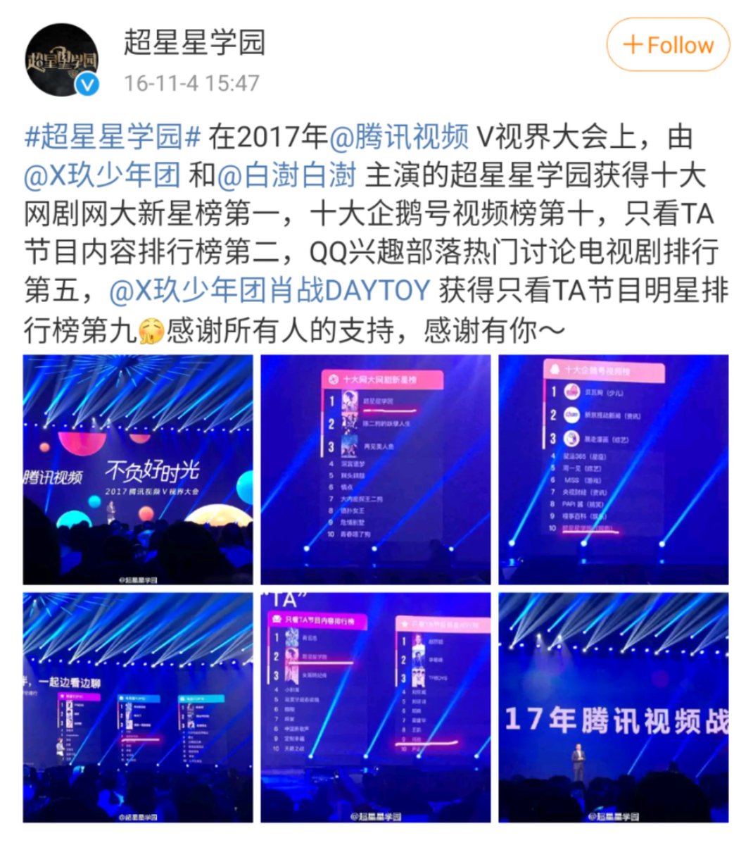 Superstar Academy: 29 Sep 2016On 4 Nov 2016, the drama Weibo concludes their results in Tencent's 2017 V Vision Event. The drama was #1 in the New Star Web Drama Chart. Xiao Zhan was #9 in the "Watch Him Only" app function. Also, Superstar Academy hits 800m views on 7 Nov 2016.