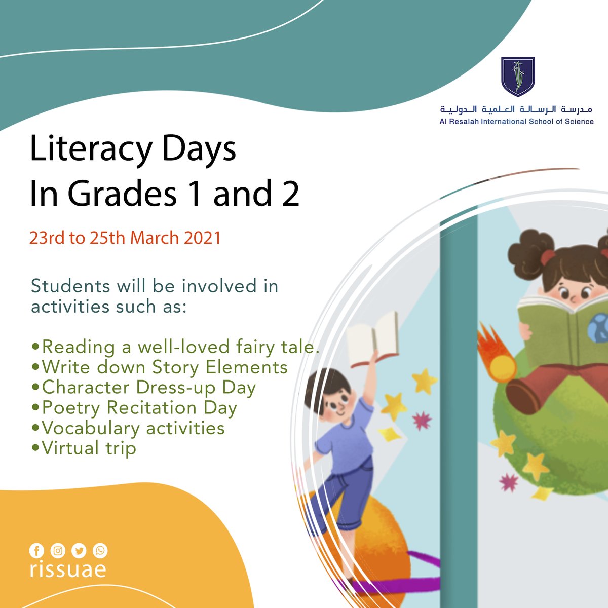RissUae's tweet photo. It’s time to celebrate literacy! 
You are invited to join us in Grades 1 and 2 Literacy days from 23rd to 25th March 2021.
Let’s have fun and learn together. https://t.co/QuVB9gHSbc