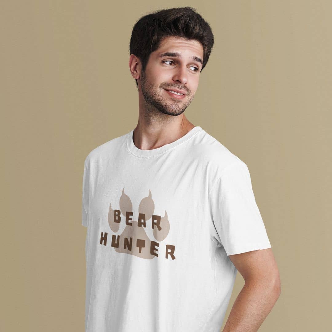 Model wearing white Tee with text Bear Hunter on a bear paw