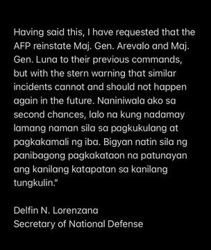ABSCBNNews's tweet photo. Defense Sec Delfin Lorenzana recommends the reinstatement of MGen Alex Luna, Dep. Chief of Staff for Intelligence; &amp; MGen Benedict Arevalo, Dep. Chief of Staff for Civil Military Ops - heads of units linked to the erroneous tagging of people as dead/arrested NPA | @chiarazambrano https://t.co/oUe1mXIKNw