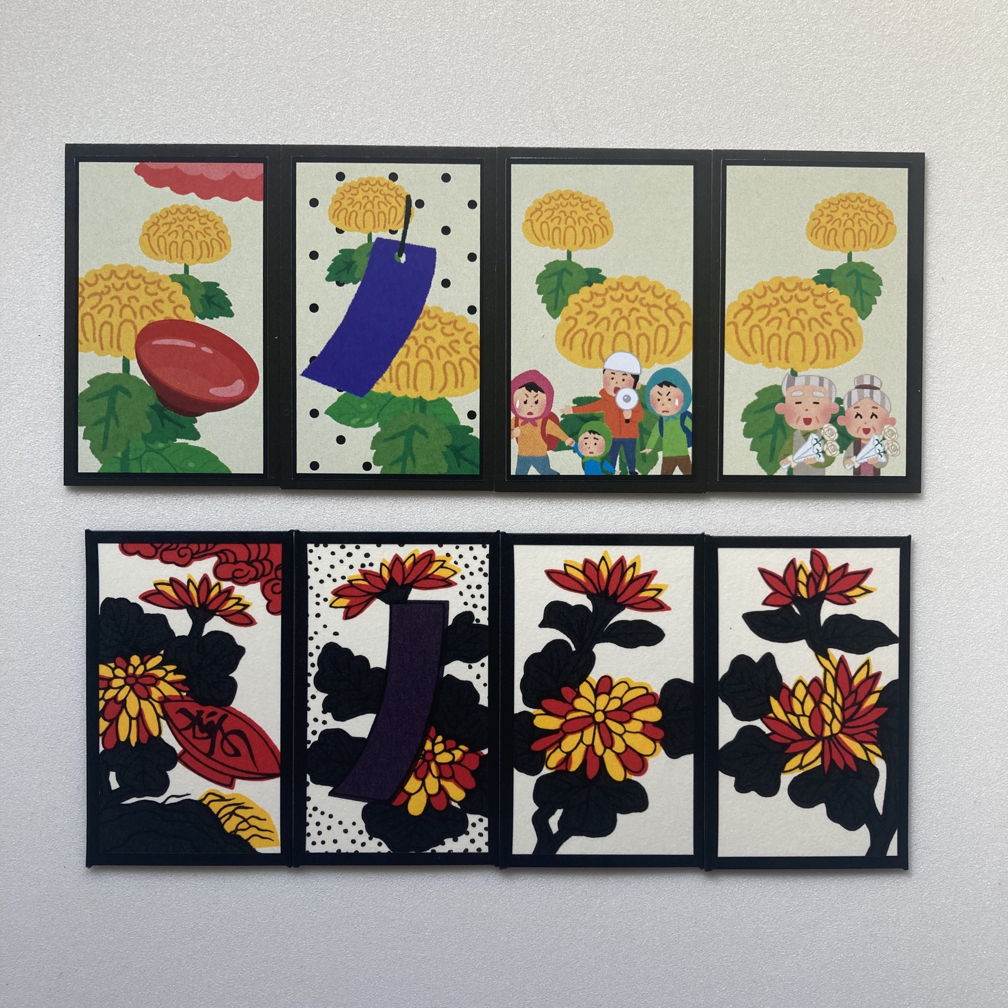 縫山ナントカ堂 花札マニア いらすとやさんのイラストだけで作った花札 実はパッケージが5種類あって これらもすべていらすとや さんのイラストを組み合わせて作ってます それぞれいろんなメーカーの花札のオマージュなのですが 分かる方はなかなかの
