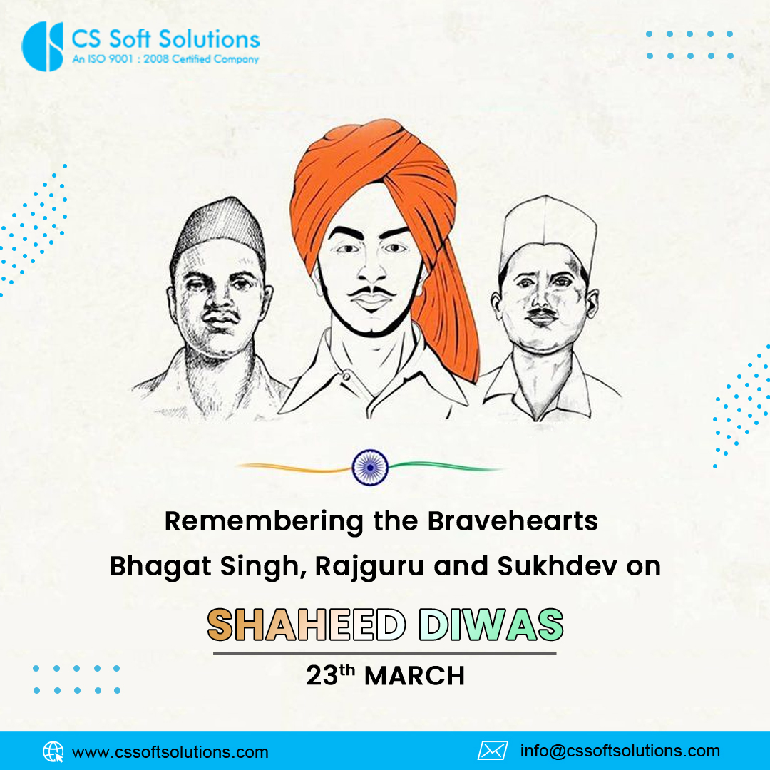 CSSoftSolution3's tweet photo. "If the deaf have to hear, The sound has to be very loud"
@CSSoftSolution3 pays tribute to all three Revolutionaries who sacrificed their lives for the Motherland.
#cssoftsolutions #ShaheedDiwas #BhagatSingh #MartyrsDay https://t.co/i4PscEovK9