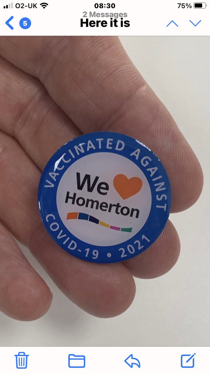 NHSHomerton's tweet photo. You have got the certificate. Now these little babies have arrived for you to wear after you get that second jab. https://t.co/5NN8g1F8YC