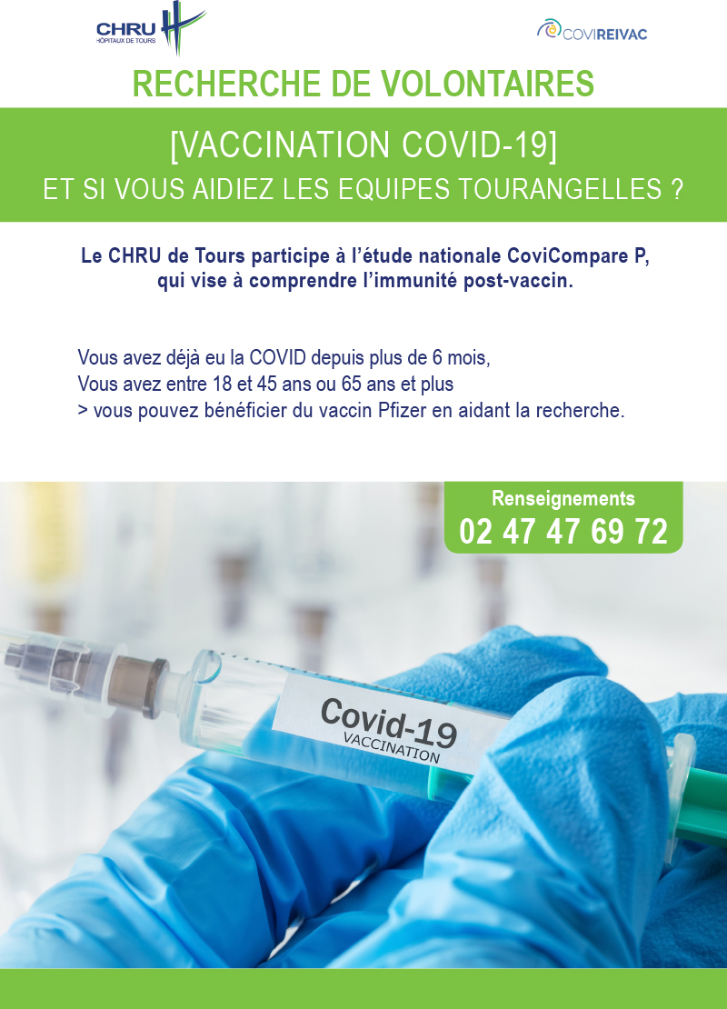 CHRU_Tours's tweet photo. [Recherche COVID-19]
Les équipes du CHRU ont besoin de volontaires pour participer à une étude vaccinale.
Il faut avoir eu la COVID-19 il y a plus de 6 mois, avoir entre 18 et 45 ans ou 65 ans et plus.
Si c’est le cas, contacter le 0247476972.
#CoviCompareP #fiersdenoschercheurs https://t.co/78yN3JONqu