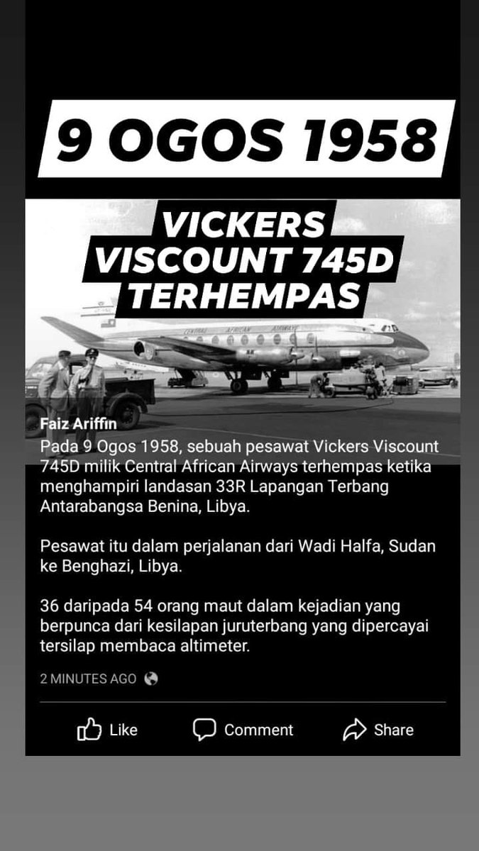 faiz_alone46's tweet photo. 9 OGOS 1958
VICKERS VISCOUNT 745D TERHEMPAS
Klik untuk gambar jelas.
#info #fakta #sejarah #kemalangan #pesawat #wikipedia #Libya #maut #ngeri #FYP #fypシ #VickersViscount #penumpang #krew #juruterbang #lapangan #terbang #airport #antarabangsa #terburuk #waktu #itu #wow https://t.co/LUCa0nrHJm
