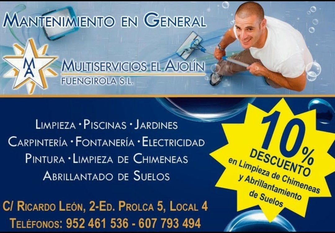 multiajolin's tweet photo. Mantemimiento de comunidades y multiservicios desde 1985.
#fuengirola #mijas #benalmadena #Marbella #limpieza #fontaneria #jardineria #pintura #piscinas #cerrajeria https://t.co/FRoRV1TiL2