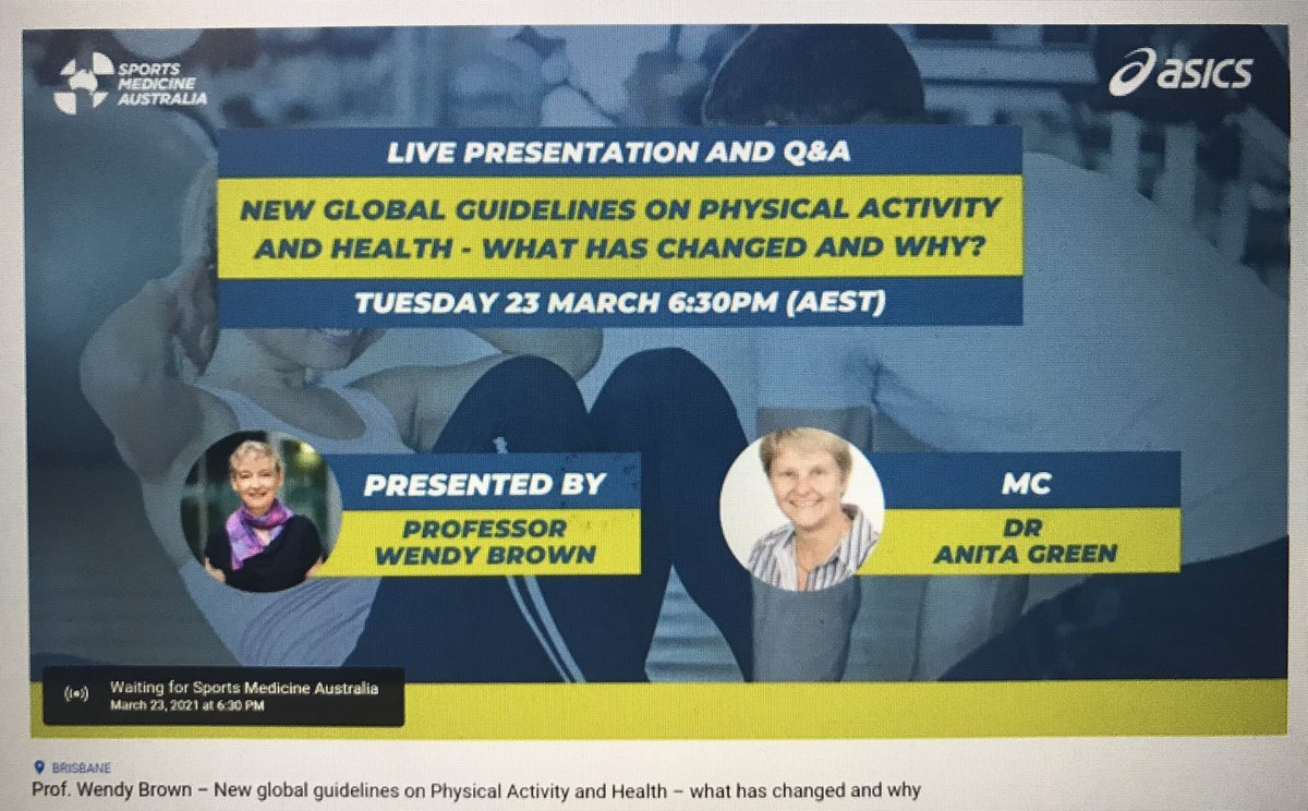 AMANDACHALL's tweet photo. Excited to be hearing from @ProfWendyBrown about the new Global @WHO Physical Activity Guidelines. So important our understanding &amp; action on PA is aligned to latest evidence! @SMA_News #healthyandactive #exercisemedicine #livestream #hybridevents https://t.co/rgbJ3w0wd7