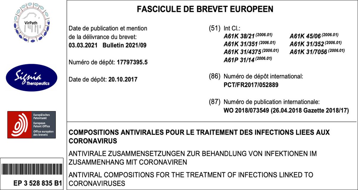 VirPath's tweet photo. #VirPath #SIGNIATHERAPEUTICS EP 3 528 835 B1 patent granted in Europe - Antiviral composition for the treatment of infections linked to coronaviruses.
https://t.co/etB5Nw6HHW
#CIRI #Inserm #CNRS #UCBL1 #ENSLyon #VirNext https://t.co/Pmwyeg7MXG