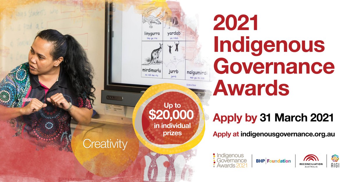 Applications for @RecAustralia's  #IndigenousGovernanceAwards close 31 March 2021. 

There are 3 categories for nomination: 
- Projects or unincorporated initiatives or projects
- Small to medium incorporated organisations
- Large incorporated organisations

#IndigenousGovernance