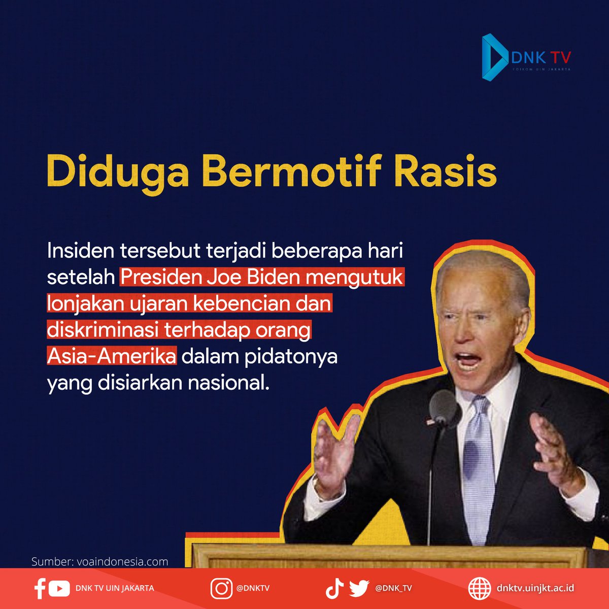 DNK_TV's tweet photo. Kejahatan rasisme Anti-Asia di Amerika Serikat kian meningkat sejak pandemi Covid-19 . 

#dnktv #dnktvuinjakarta #rasisme  #COVID19 https://t.co/OAPtmUtXD9