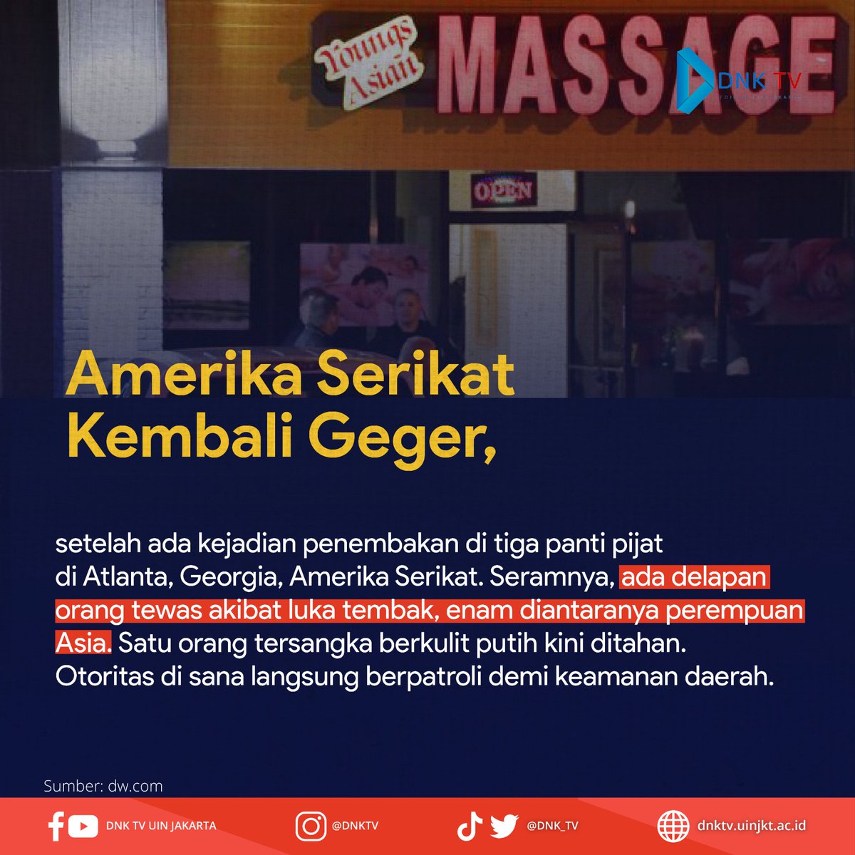 DNK_TV's tweet photo. Kejahatan rasisme Anti-Asia di Amerika Serikat kian meningkat sejak pandemi Covid-19 . 

#dnktv #dnktvuinjakarta #rasisme  #COVID19 https://t.co/OAPtmUtXD9