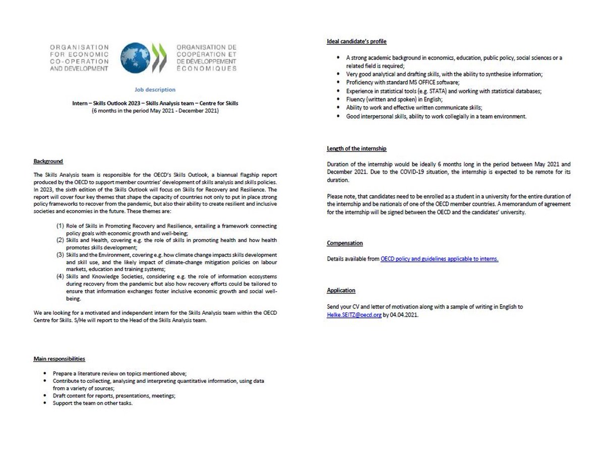 Helke Seitz (@helkeseitz) on Twitter photo Internship opportunity at the #OECD! Are you a motivated student, wanting to get exposure to the leading edge research done in the OECD Centre for Skills? This is your chance to work with us, Francesca Borgonovi & <a href="/HelkeSeitz/">Helke Seitz</a>! See attached for details and application process. Internship opportunity at the #OECD! Are you a motivated student, wanting to get exposure to the leading edge research done in the OECD Centre for Skills? This is your chance to work with us, Francesca Borgonovi & <a href="/HelkeSeitz/">Helke Seitz</a>! See attached for details and application process.