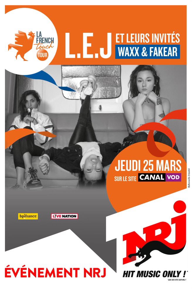 😀Hey tu connais "LA FRENCH TOUCH TOUR" ? C'est une série de concerts livestream organisée par BPI France. RDV le jeudi 25/03 à 21h pour découvrir le concert de <a href="/LucieElisaJulie/">L.E.J</a> en direct de la Cigale. #NRJ 👉🏻 vod.canalplus.com/live-french-to…