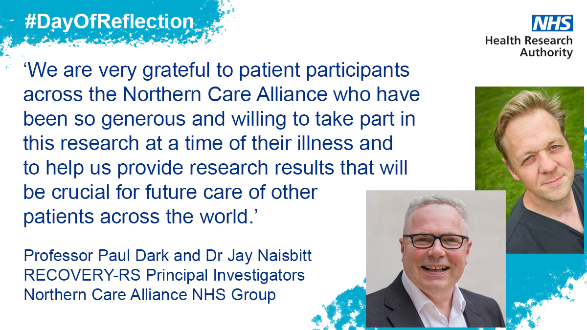 The Health Research Authority (@hra_latest) on Twitter photo On this #DayOfReflection we recognise the generosity of COVID-19 research participants, many who consent while gravely ill.
<a href="/recovery_rs/">RECOVERY-RS</a> is looking at oxygen support for hospitalised COVID-19 patients. PIs at <a href="/NCAresearchNHS/">NCA Research NHS</a> tell us the impact of participation in this trial ⬇️ On this #DayOfReflection we recognise the generosity of COVID-19 research participants, many who consent while gravely ill.
<a href="/recovery_rs/">RECOVERY-RS</a> is looking at oxygen support for hospitalised COVID-19 patients. PIs at <a href="/NCAresearchNHS/">NCA Research NHS</a> tell us the impact of participation in this trial ⬇️