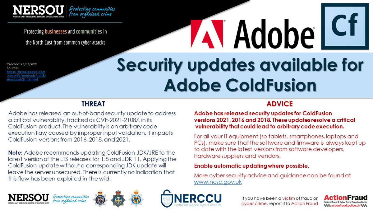 nereccu's tweet photo. Security updates available for Adobe ColdFusion

https://t.co/9eA8vH2ISW

#cyberprotect #cybersecurity #infosec #technews #adobe #coldfusion #cyber #security #critical #vulnerability #cve #cf #adobecf https://t.co/W2FuaHdRBO