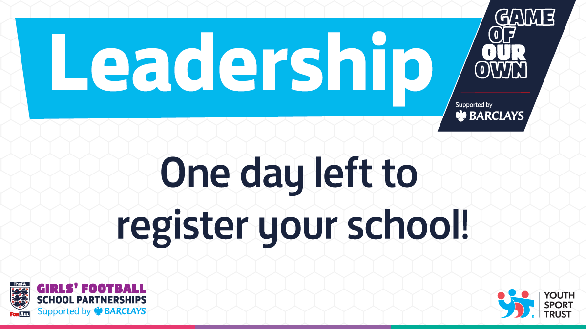 YouthSportTrust's tweet photo. If your school has been trained in #GameOfOurOwn, check your inboxes for information on signing up to this year’s Game of Our Own Leadership programme – supported by @Barclaysfooty. There’s only one day left to register through the link in the email 📨 ... https://t.co/SWg8UpwzXw