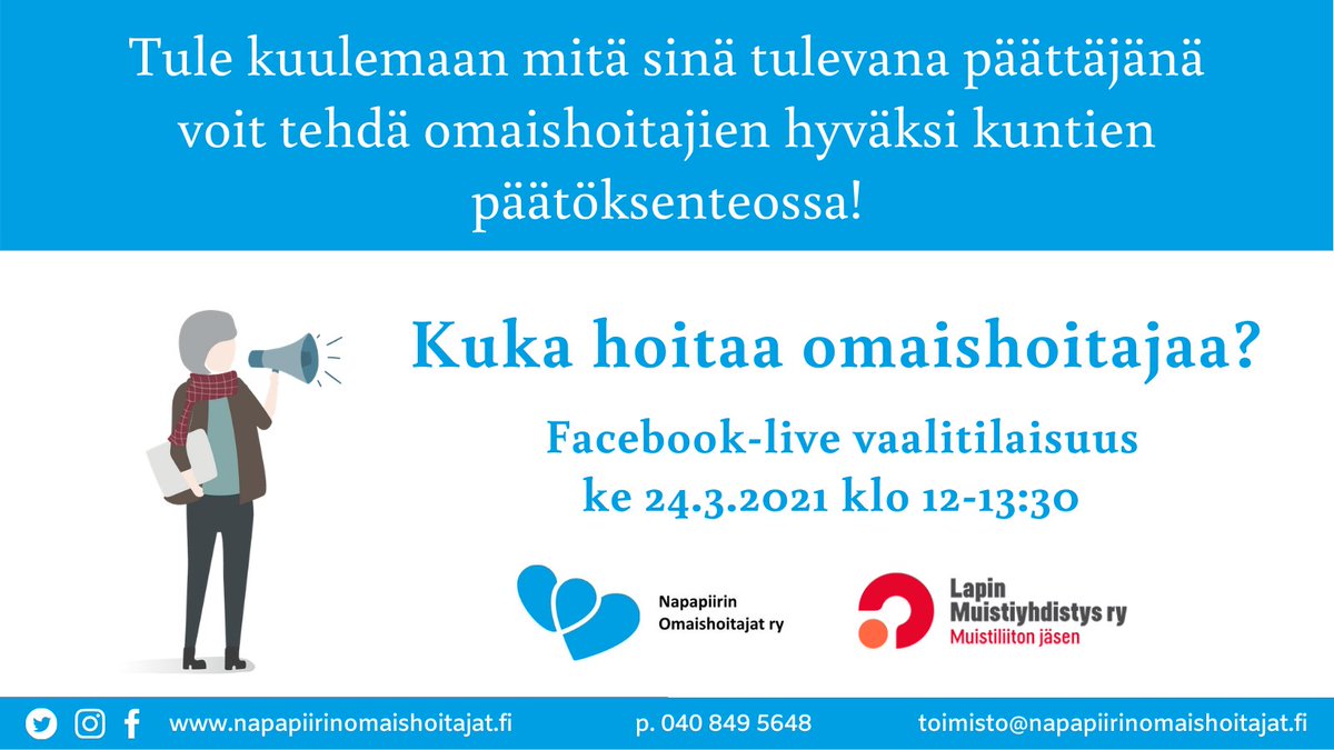 NapapiirinOmh's tweet photo. Tervetuloa avoimeen keskustelutilaisuuteen ke 24.3. klo 12 alkaen! Tapahtumassa yhteistyökumppanina #lapinmuistiyhdistys 

Mukana keskustelemassa omaishoitajia ja yhdistystemme edustajia. #KukaHoitaaOmaishoitajaa #kuntavaalit2021 #OmaishoitoKoskettaaJokaista https://t.co/CGRjEsEllq