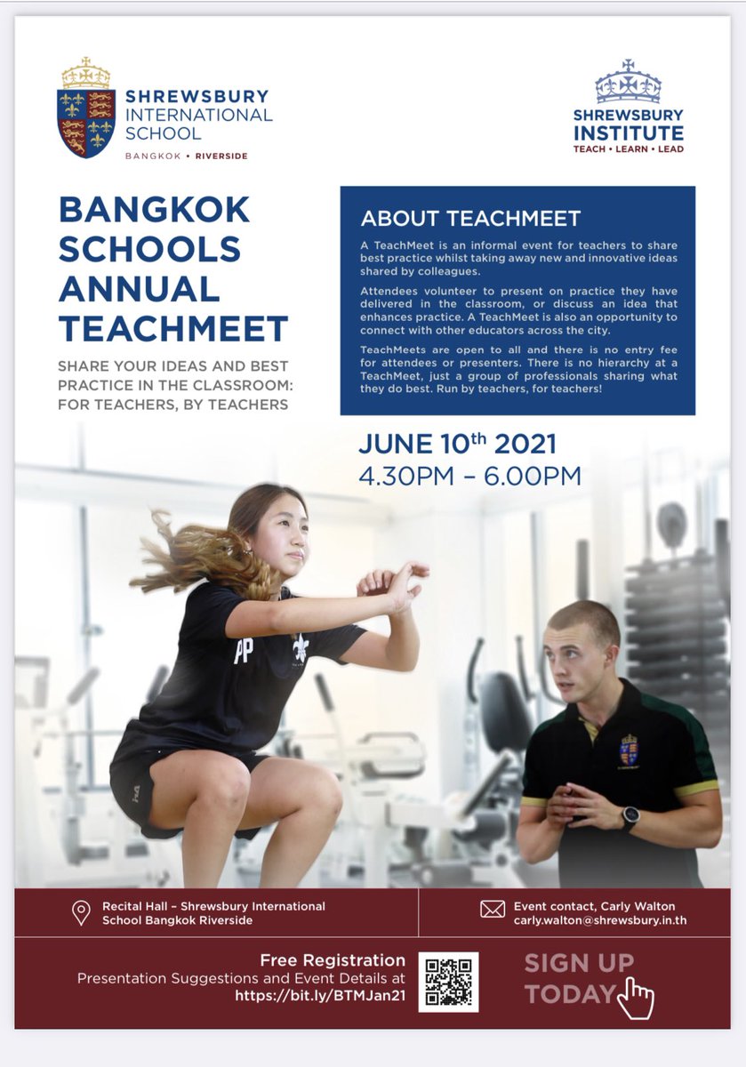 SIAInstitute's tweet photo. Presenting our second Bangkok wide #teachmeet @SHBriverside on June 10th. See you there 👋 #weareshrewsbury #teachlearnlead #BKKTM @TMWalton https://t.co/XzRAieybrL