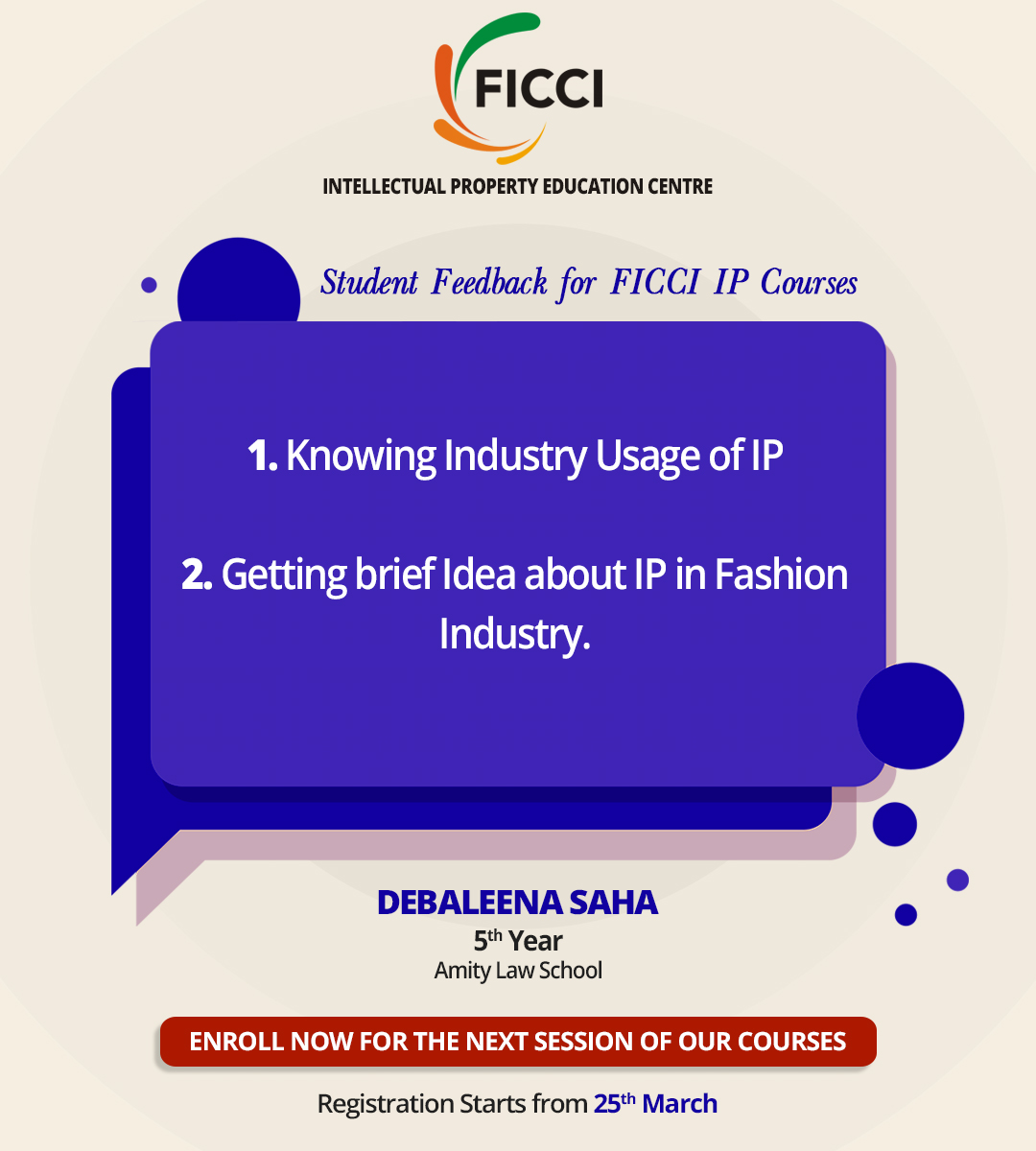 FicciIp's tweet image. Course Experience Continue #No17

FICCI IP Education Center has been instrumental in taking the mission and vision of IP Awareness forward.

Such positive feedbacks are motivating us to deliver better performance.
 
Enquire Now: ficciipcourse.in

#ficciipcourse #letstalkip